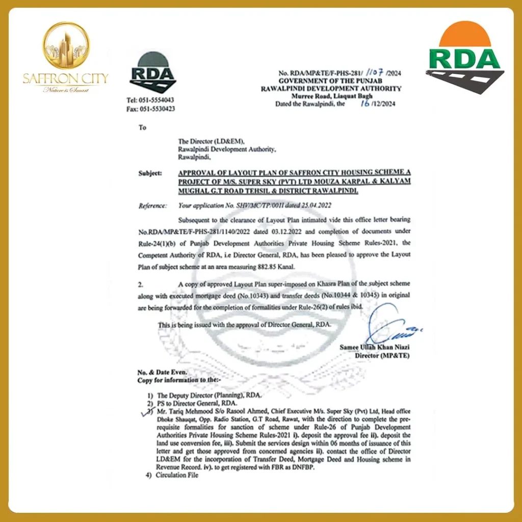 Saffron City Islamabad Official RDA NOC Approval Document